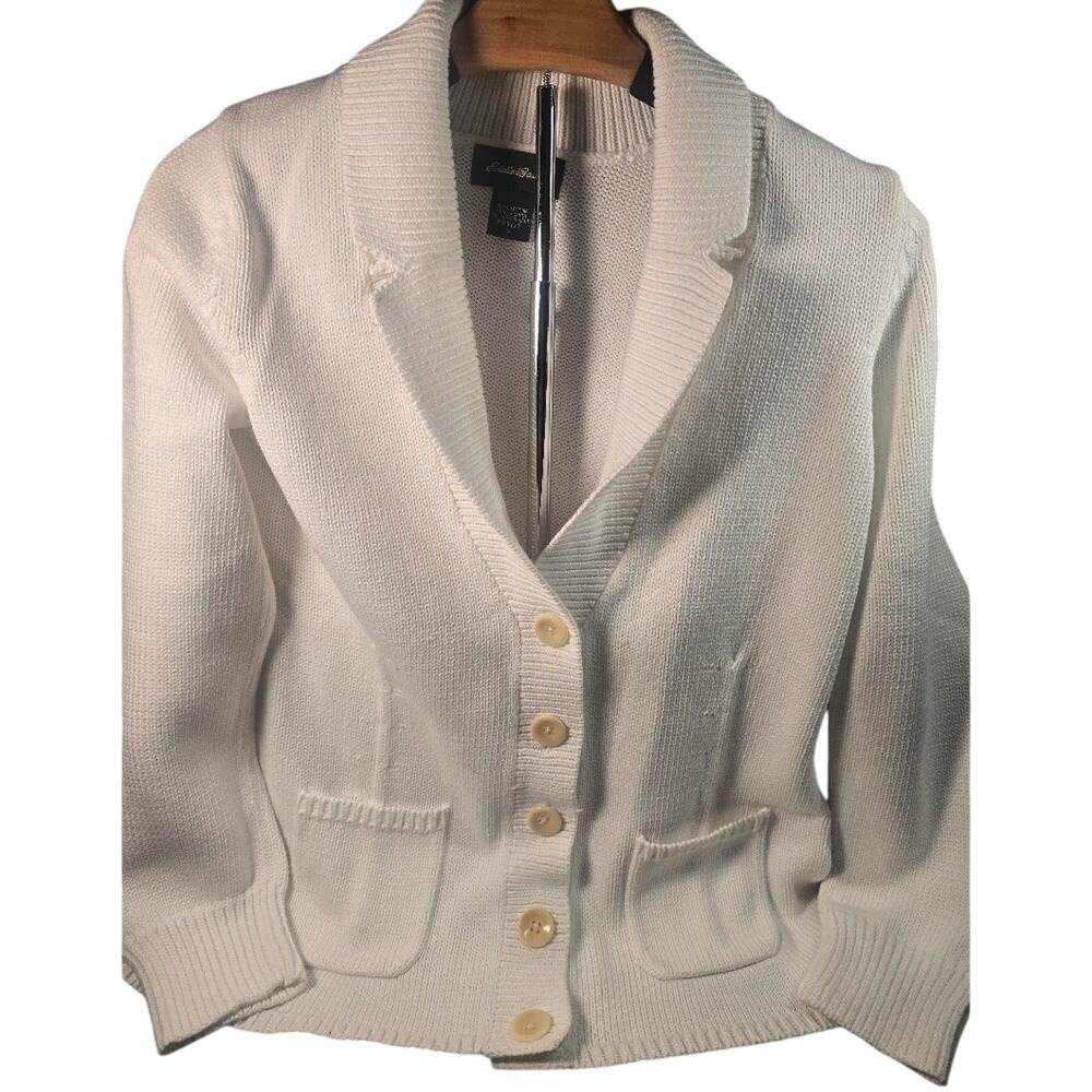 Eddie Bauer White Cotton Knit Cardigan Blazer‎ Sweater Petite Small PS Pocket